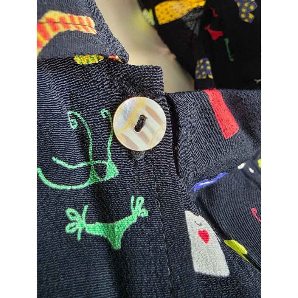 Vtg 90s David Dart Black Button Up Novelty Print Multicolor Dress Sz L Collar